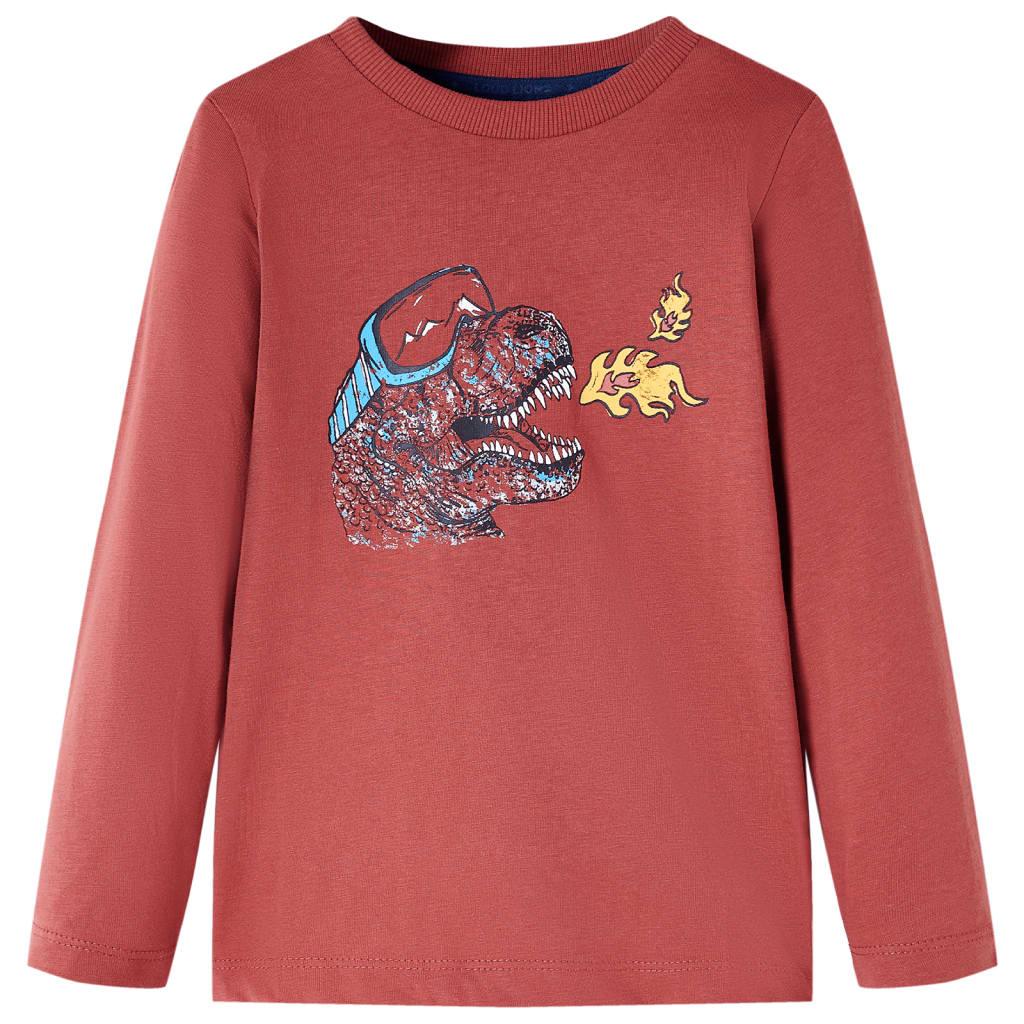 Langærmet T-shirt til børn str. 104 - mørkerød med dinosaurusprint billede