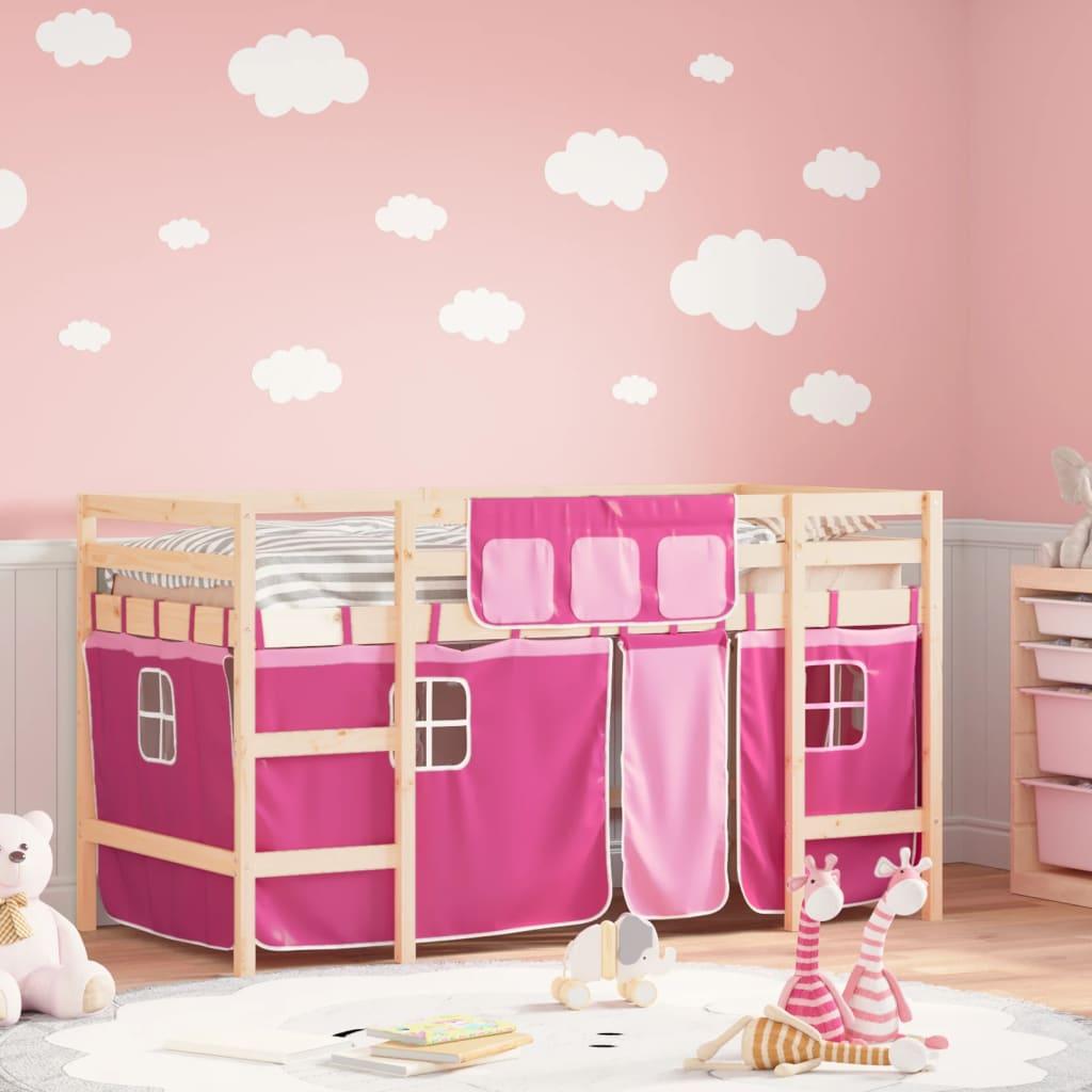 Højseng med gardiner 90x190 cm massivt fyrretræ pink