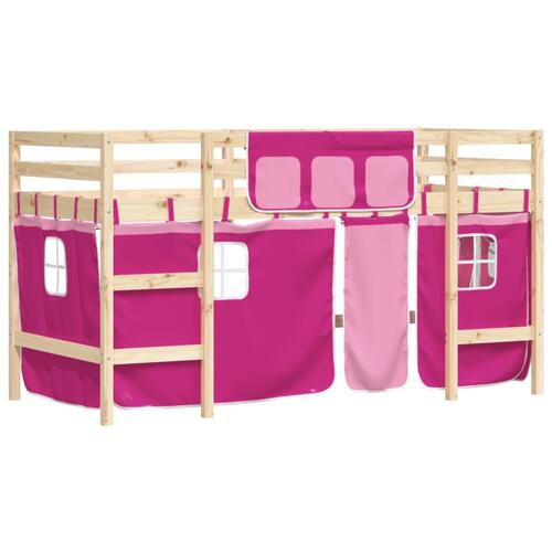 Højseng med gardiner 90x190 cm massivt fyrretræ pink
