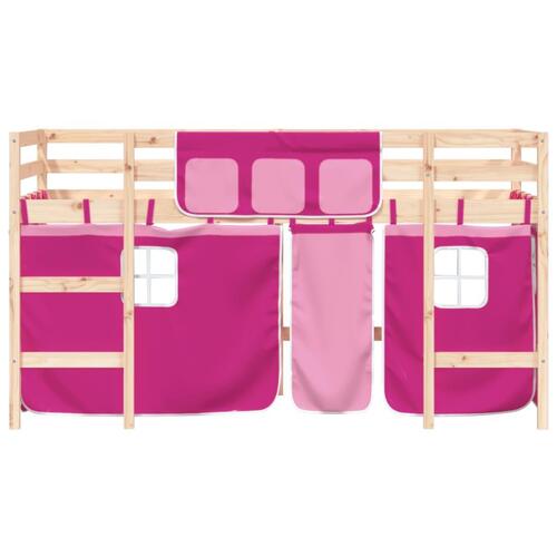 Højseng med gardiner 90x190 cm massivt fyrretræ pink