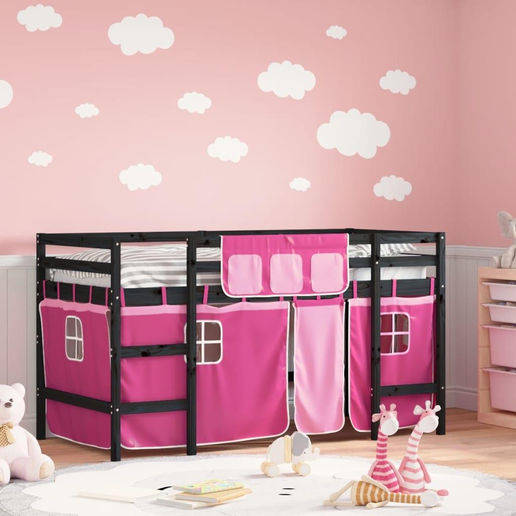 Højseng med gardiner 90x190 cm massivt fyrretræ pink