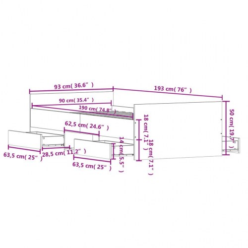 Sengeramme med opbevaring, gavl og fodgærde 90 x 190 cm - grå sonoma-eg