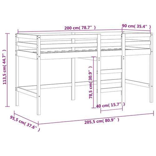 Højseng med stige 90x200 cm massivt fyrretræ hvid