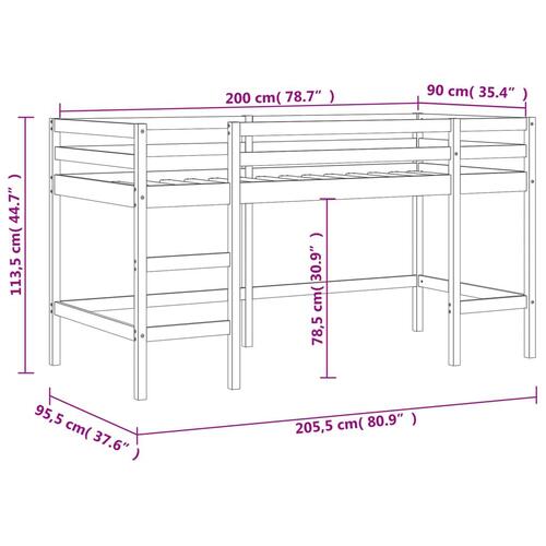 Højseng med stige 90x200 cm massivt fyrretræ