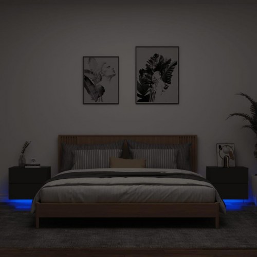 Væghængte sengeborde 2 stk. med LED-lys - sort