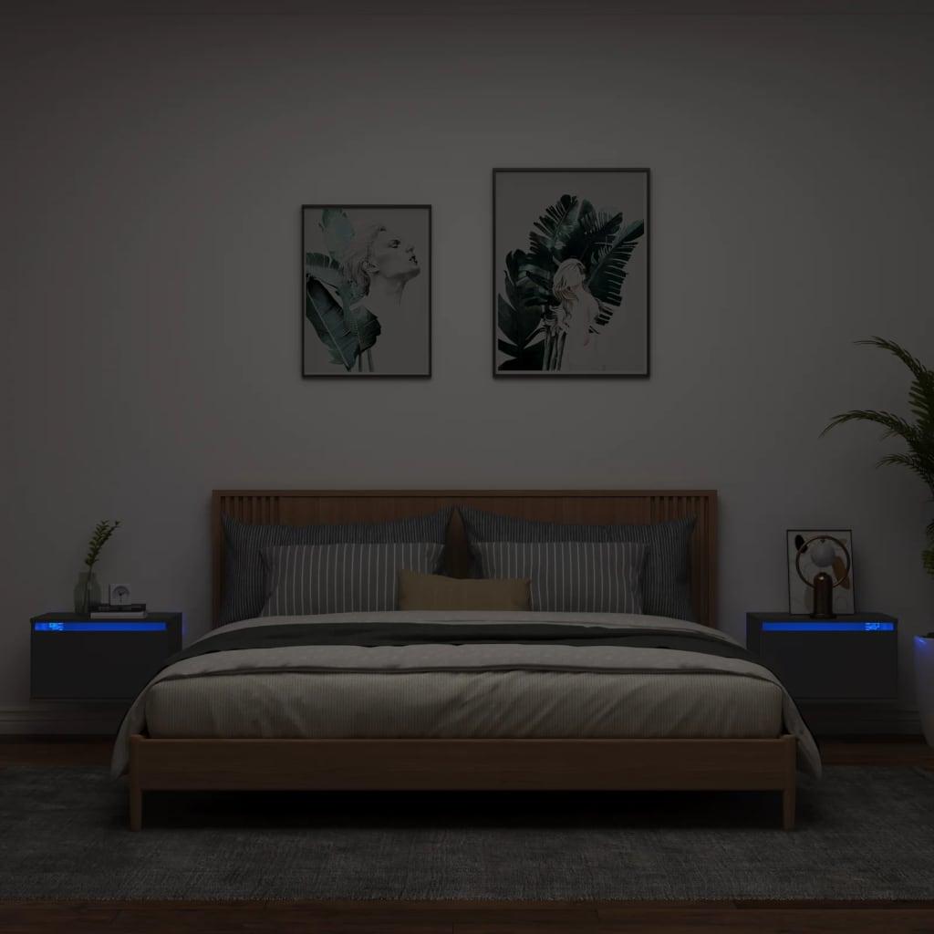 Væghængte sengeborde 2 stk. med LED-lys sort