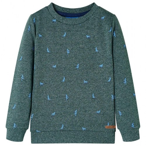 Sweatshirt til børn - mørkegrønmeleret med hundeprint, str. 104