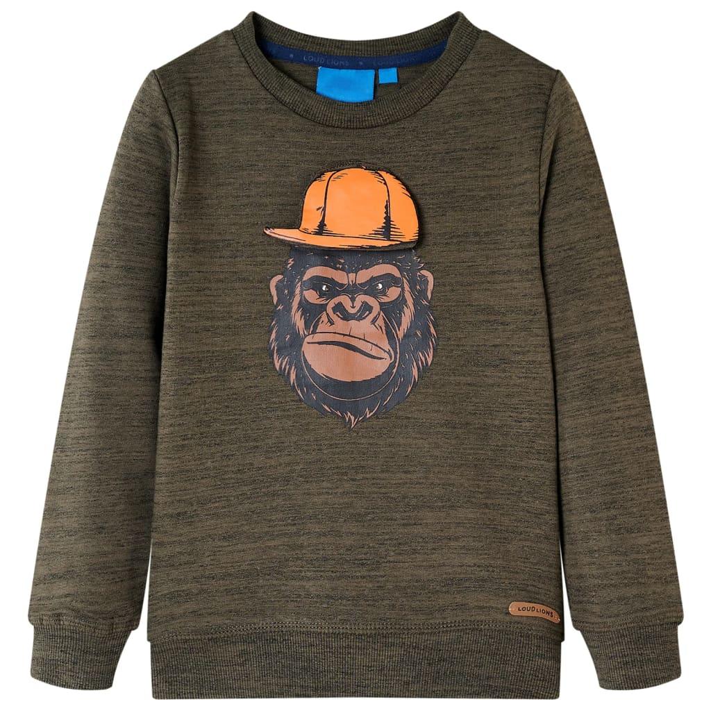 Sweatshirt til børn - kakimeleret, str. 104 med gorilla-print billede