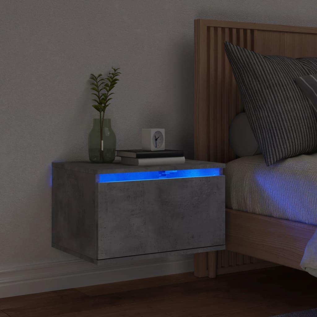 Væghængt sengebord med LED-lys betongrå