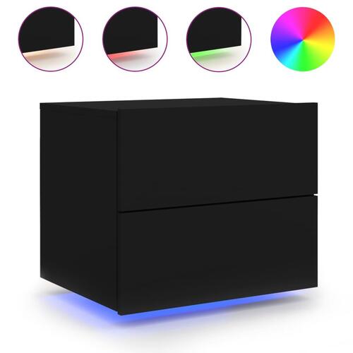 Væghængt sengebord med LED-lys sort