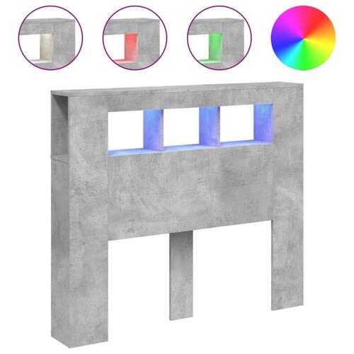 Sengegavl m. LED-lys 120x18,5x103,5 cm konstrueret træ betongrå