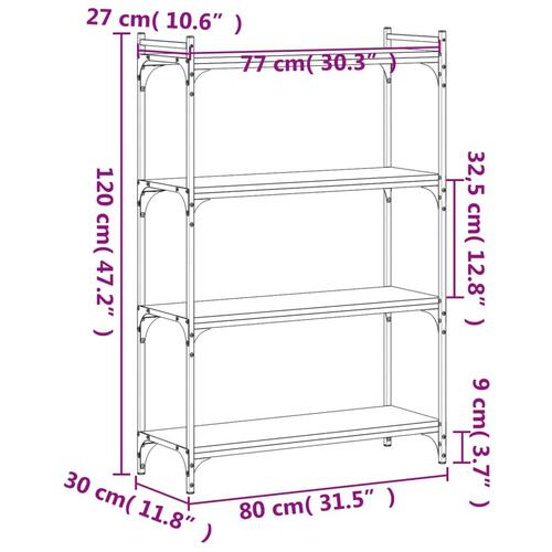 Bogreol 4 hylder 80x30x120 cm konstrueret træ røget eg