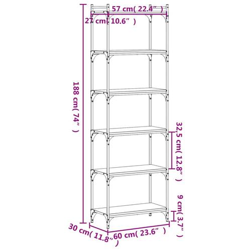 Bogreol med 6 hylder 60x30x188 cm konstrueret træ sort