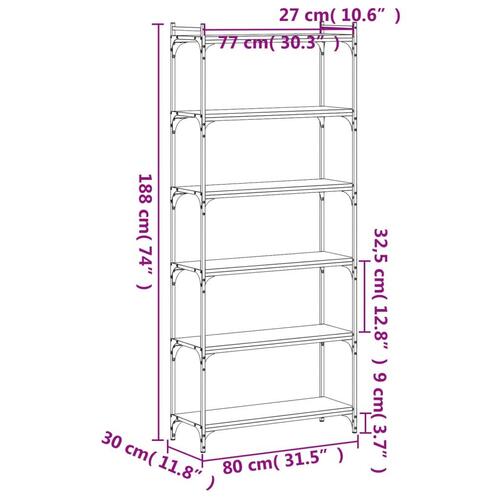 Bogreol 6 hylder 80x30x188 cm konstrueret træ sonoma-eg