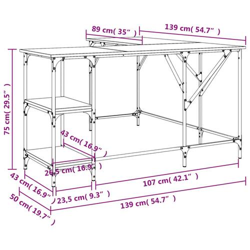 Skrivebord 139x139x75 cm konstrueret træ brun egetræsfarve