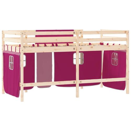 Højseng med gardiner 80x200 cm massivt fyrretræ pink