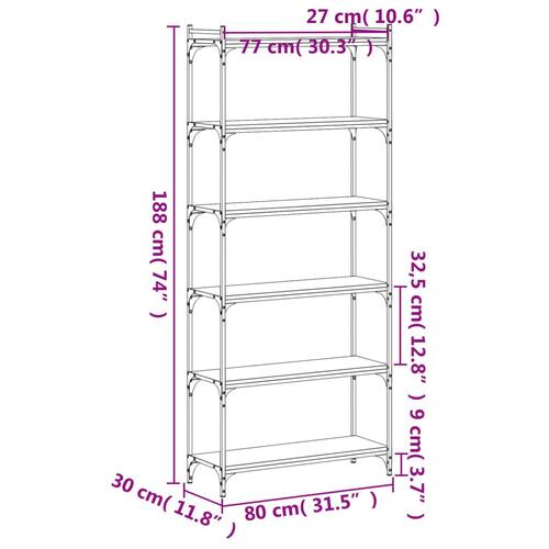 Bogreol 6 hylder 80x30x188 cm konstrueret træ brunt eg