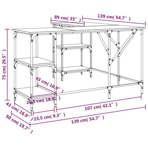 Skrivebord 139x139x75 cm konstrueret træ røget egetræsfarve