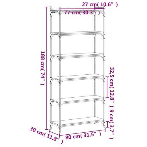 Bogreol med 6 hylder 80x30x188 cm konstrueret træ sort