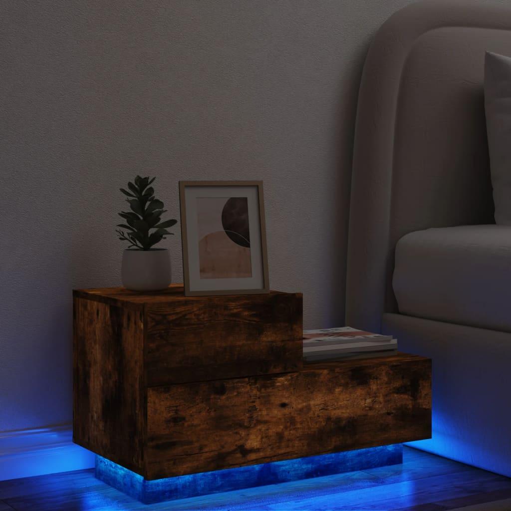 Sengebord med LED-lys 70x36x40,5 cm røget egetræsfarve