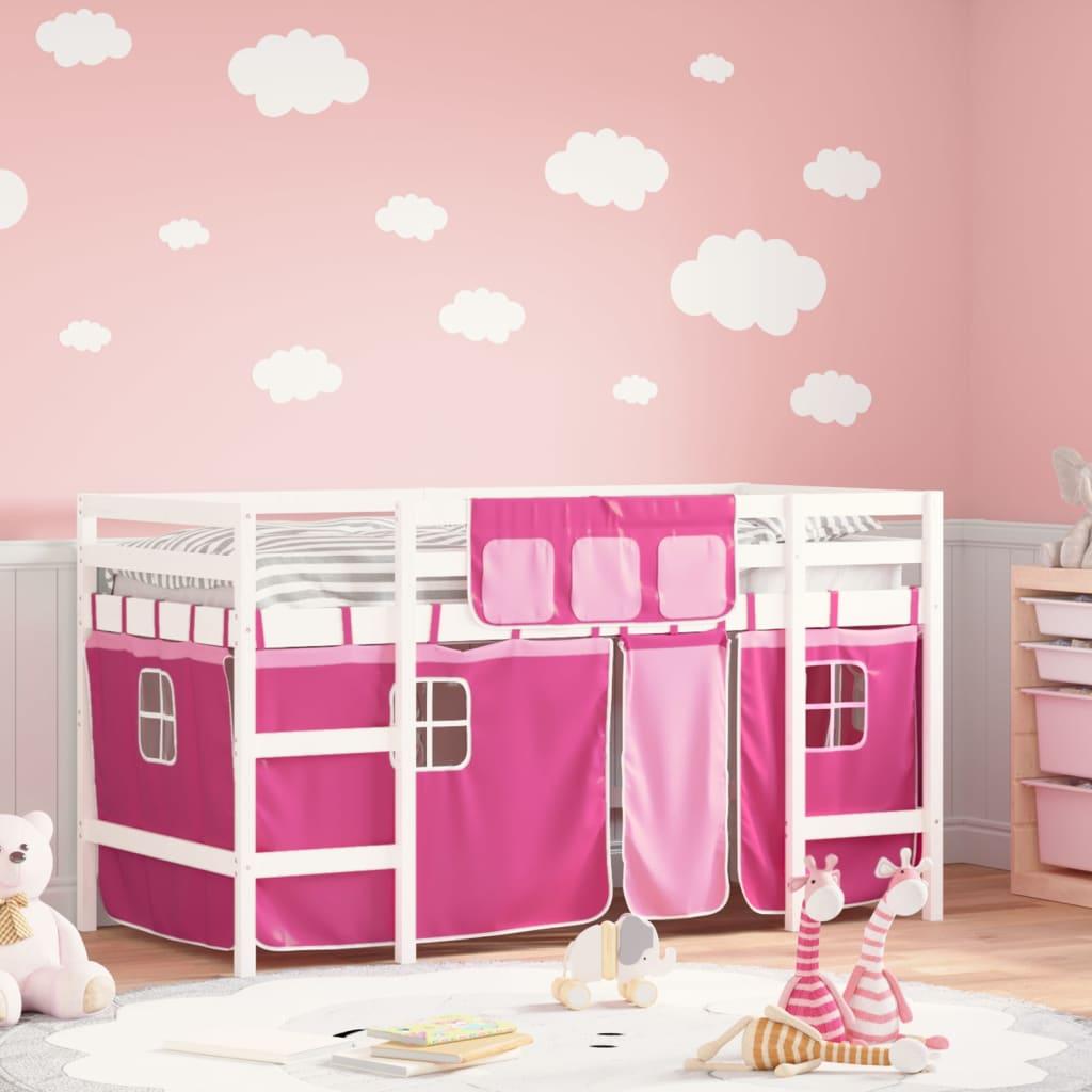 Højseng med gardiner 90x200 cm massivt fyrretræ pink