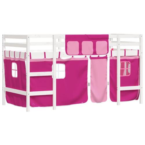 Højseng med gardiner 90x200 cm massivt fyrretræ pink