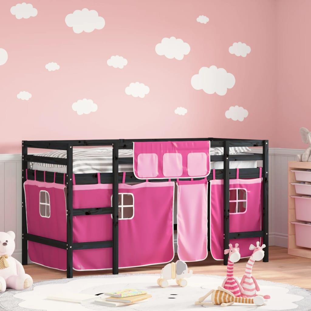 Højseng med gardiner 90x200 cm massivt fyrretræ pink