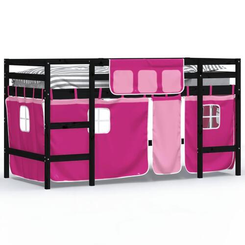 Højseng med gardiner 90x200 cm massivt fyrretræ pink