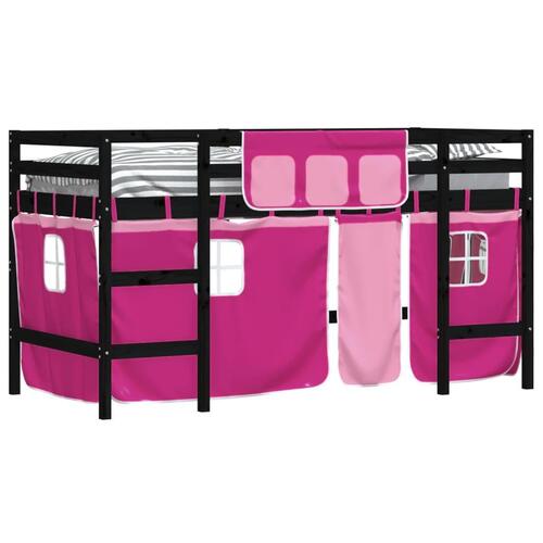 Højseng med gardiner 90x200 cm massivt fyrretræ pink
