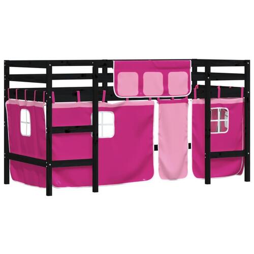Højseng med gardiner 90x200 cm massivt fyrretræ pink