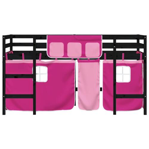 Højseng med gardiner 90x200 cm massivt fyrretræ pink