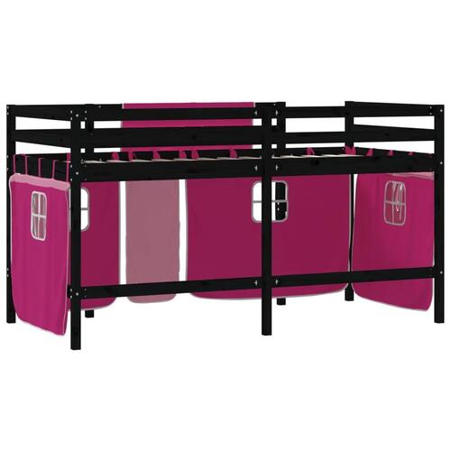 Højseng med gardiner 90x200 cm massivt fyrretræ pink