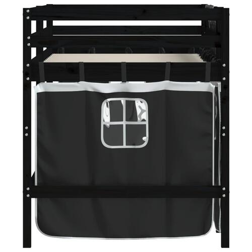 Højseng med gardiner 90x200 cm massivt fyrretræ hvid og sort