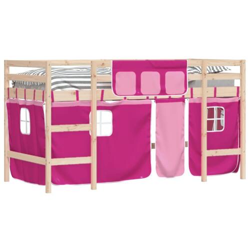 Højseng med gardiner 90x200 cm massivt fyrretræ pink