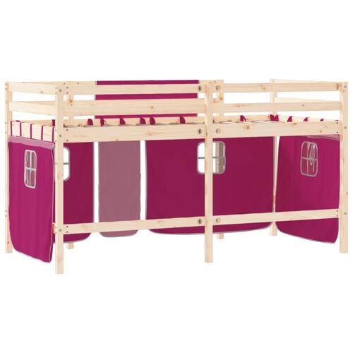 Højseng med gardiner 90x200 cm massivt fyrretræ pink