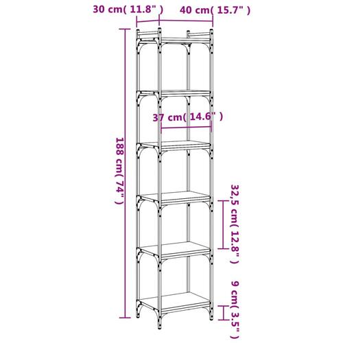 Bogreol 6 hylder 40x30x188 cm konstrueret træ brunt eg