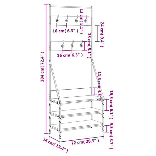 Tøjstativ med skoopbevaring 72x34x184 cm grå sonoma-eg