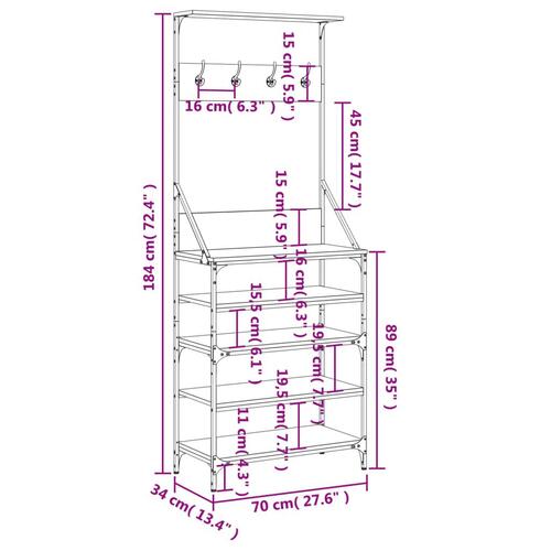 Tøjstativ med skoopbevaring 70x34x184 cm grå sonoma-eg