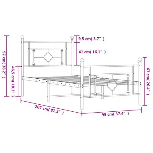 Sengeramme med sengegavl og fodgærde 90x200 cm metal hvid