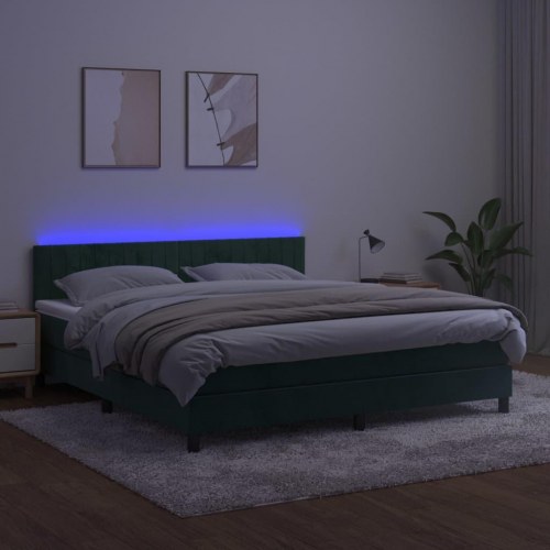Kontinentalseng med madras og LED-lys 160x200 cm - fløjl, mørkegrøn