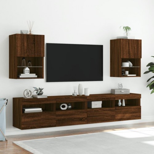Væghængt tv-bord med LED-lys 40,5×30×60 cm - brun egetræsfarve