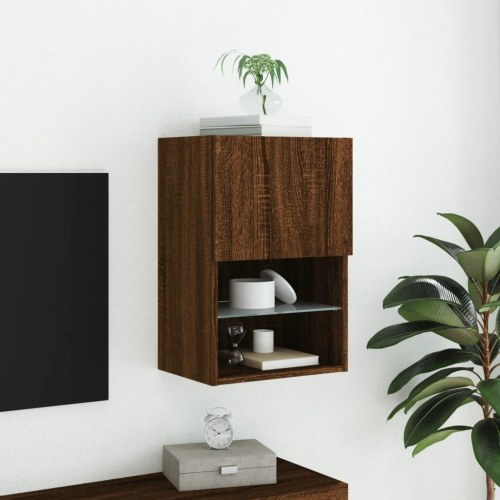 Væghængt tv-bord med LED-lys 40,5×30×60 cm - brun egetræsfarve