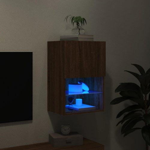 Væghængt tv-bord med LED-lys 40,5×30×60 cm - brun egetræsfarve