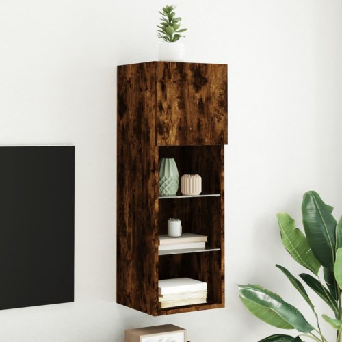 Væghængt tv-bord med LED-lys 30,5×30×90 cm - røget egetræsfarve