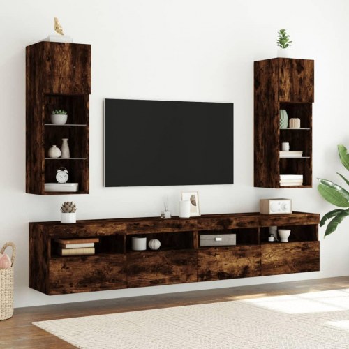 Væghængt tv-bord med LED-lys 30,5×30×90 cm - røget egetræsfarve