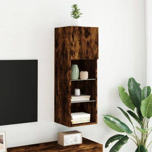 Væghængt tv-bord med LED-lys 30,5×30×90 cm - røget egetræsfarve