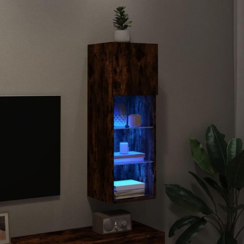 Væghængt tv-bord med LED-lys 30,5×30×90 cm - røget egetræsfarve