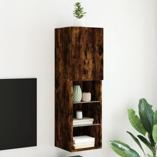 Væghængt tv-bord med RGB LED-lys 30,5×30×102 cm - røget egetræsfarve