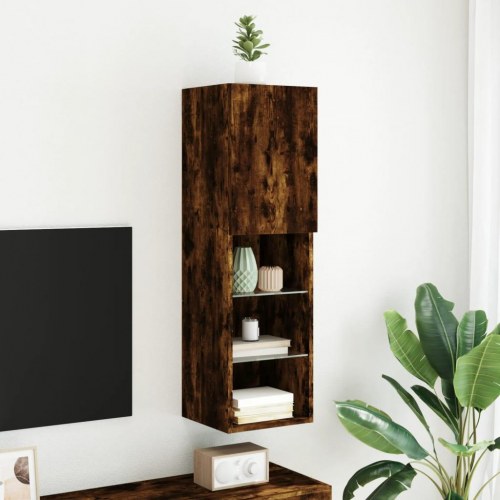 Væghængt tv-bord med RGB LED-lys 30,5×30×102 cm - røget egetræsfarve