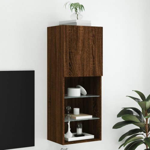 Væghængt tv-bord med LED-lys 40,5x30x102 cm - brun egetræsfarve